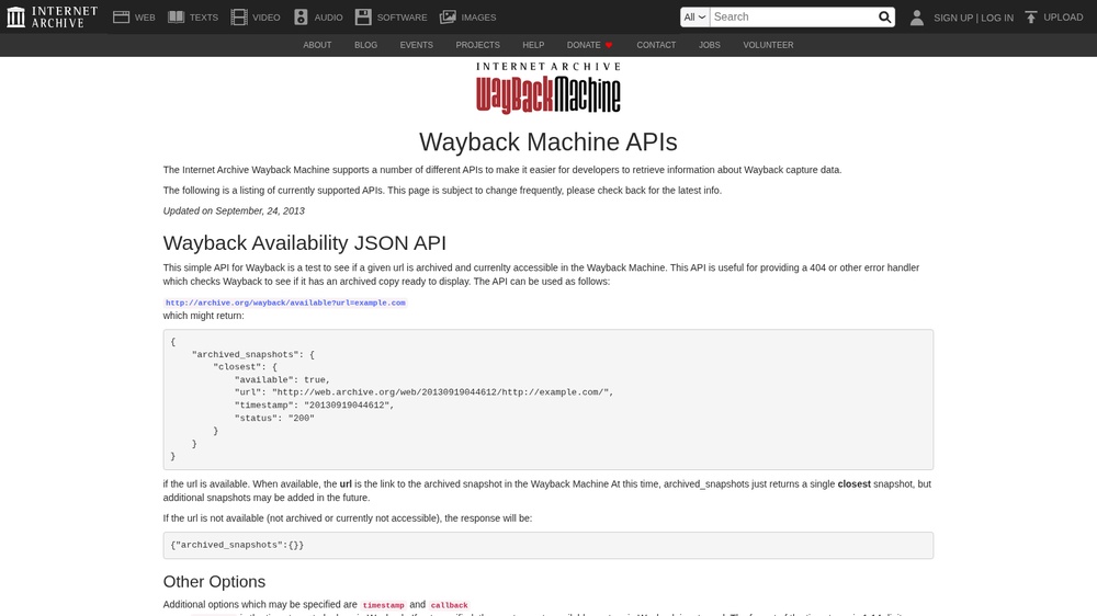 Wayback Machine Availability API